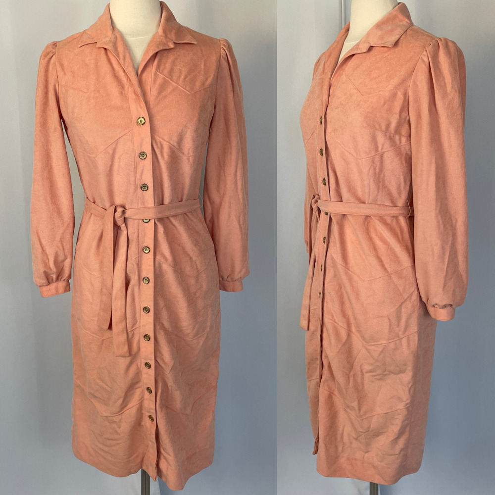 Vtg 70s Shirt Dress Size 10 Peach Coral Faux Suede Boho Western Minimal Retro
